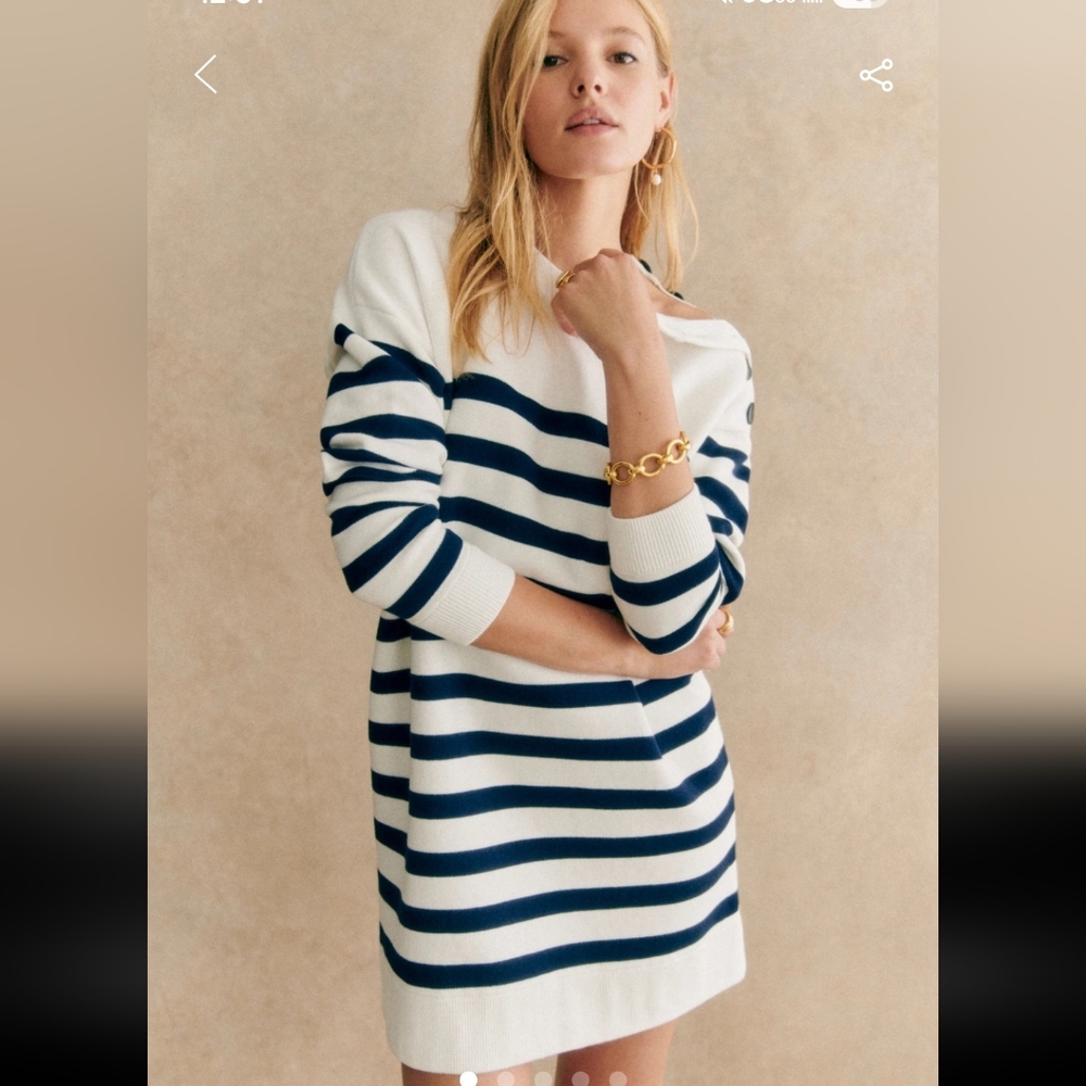 Sezane Briella Organic Cotton  Striped Long Sleeve Dress - Navy and White